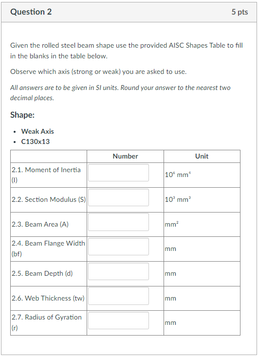 Question 2 Given the rolled steel beam shape use