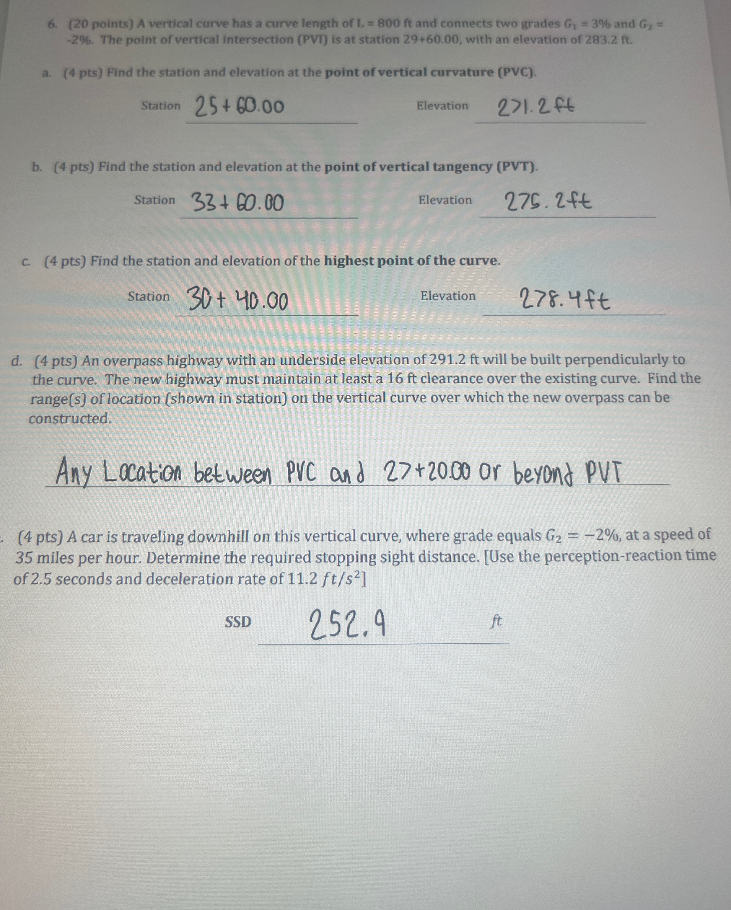 ( 2 0 points ) A vertical curve has a curve