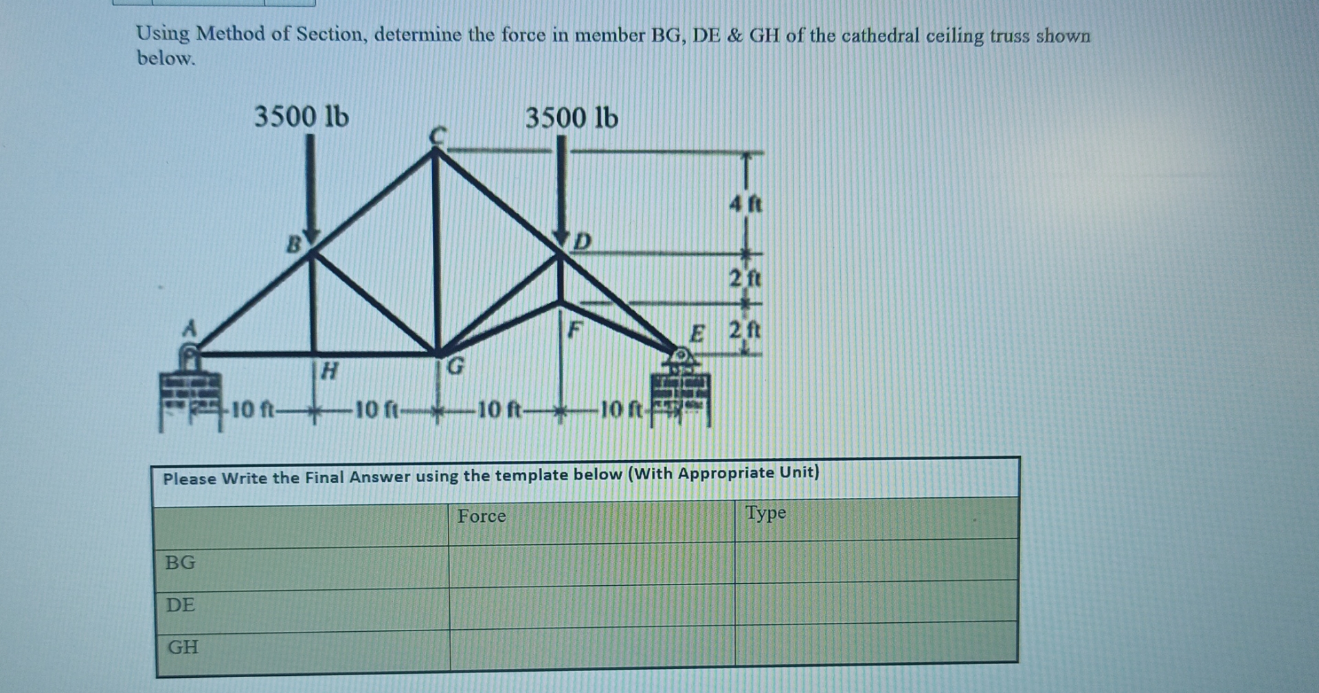Using Method of Section, determine the force in