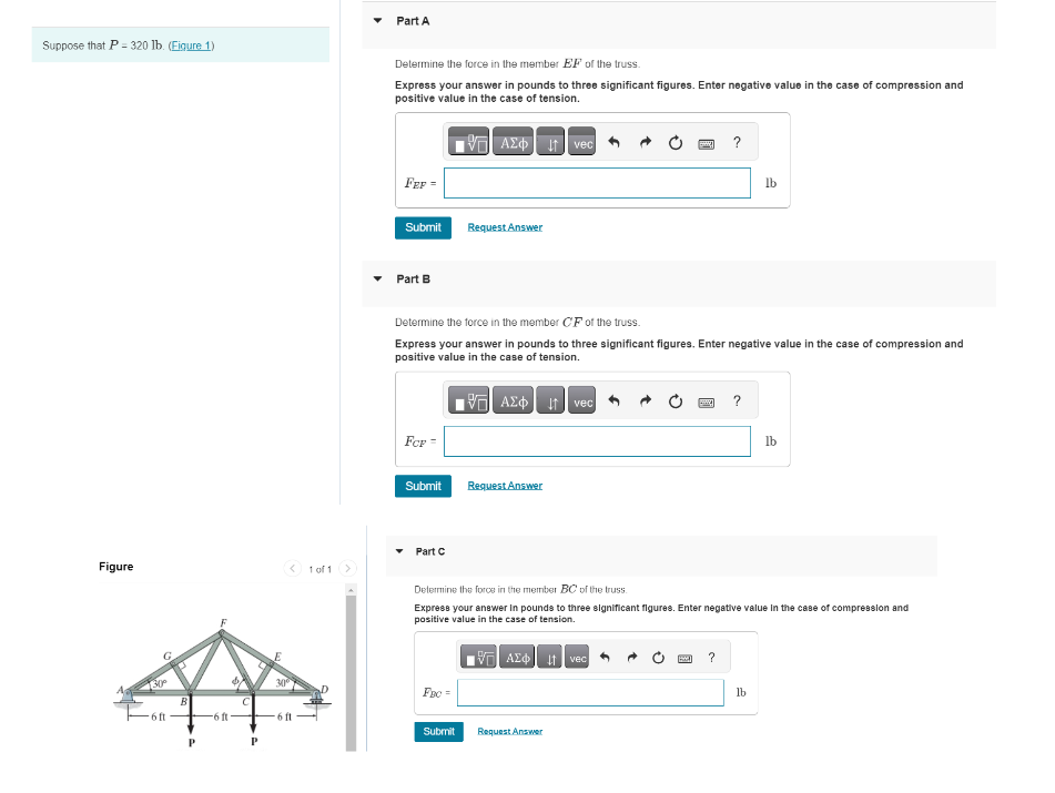 Part A Determine the force in the member E F of