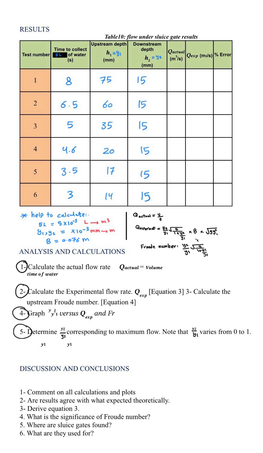 RESULTS Table 1 0 : flow under sluice gate