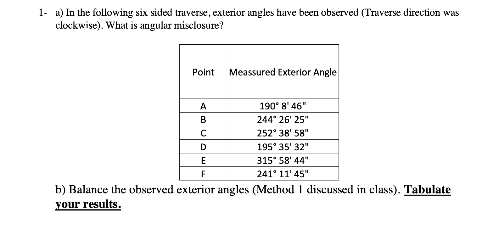 1 - a ) In the following six sided traverse,