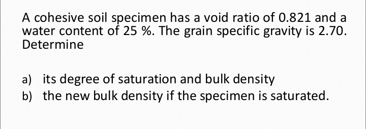 A cohesive soil specimen has a void ratio of 0 .