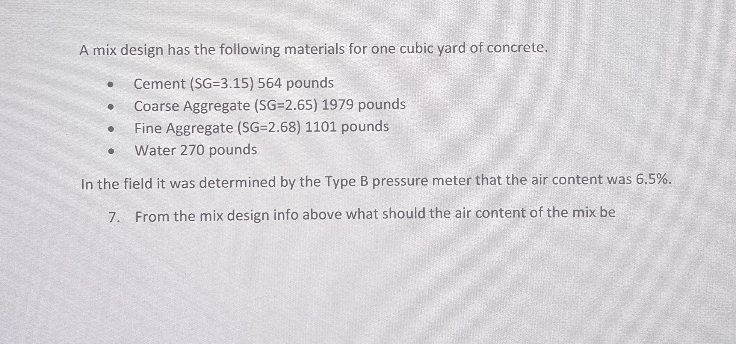 A mix design has the following materials for one