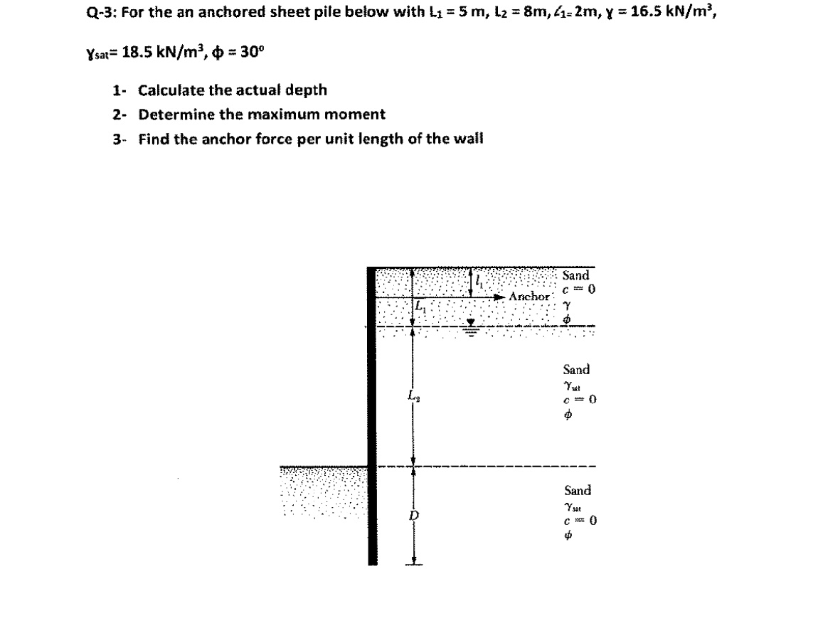 Q - 3 : For the an anchored sheet pile below with