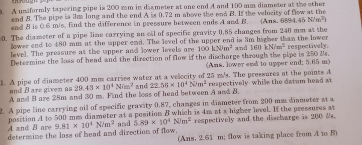 1 . A uniformly tapering pipe is 2 0 0 mm in