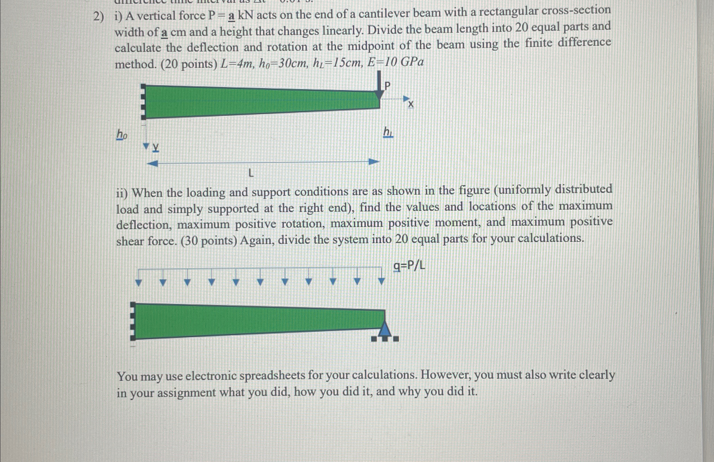 i ) A vertical force P = a k N acts on the end of