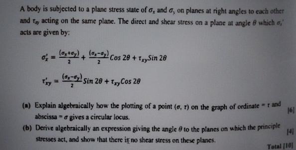 A body is subjected to a plane stress state of x