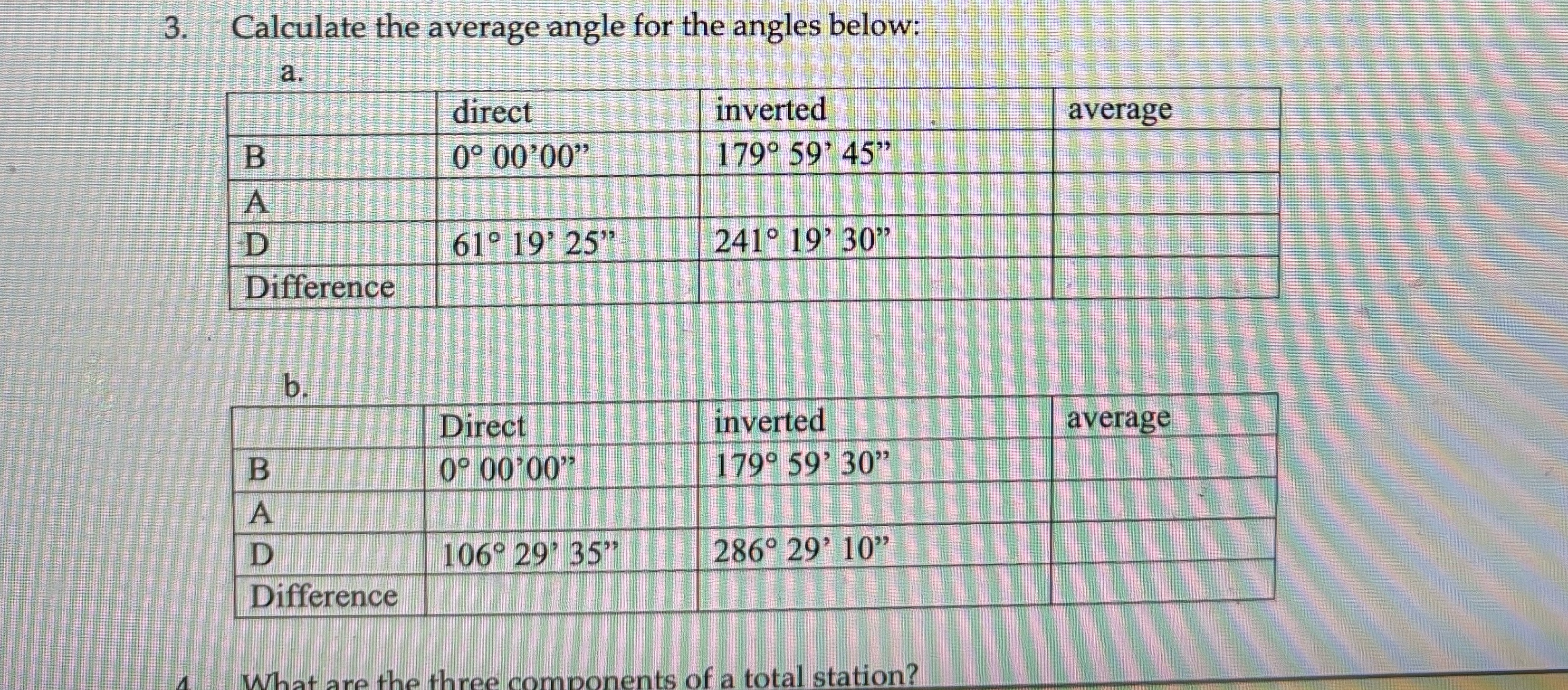 Calculate the average angle for the angles below:
