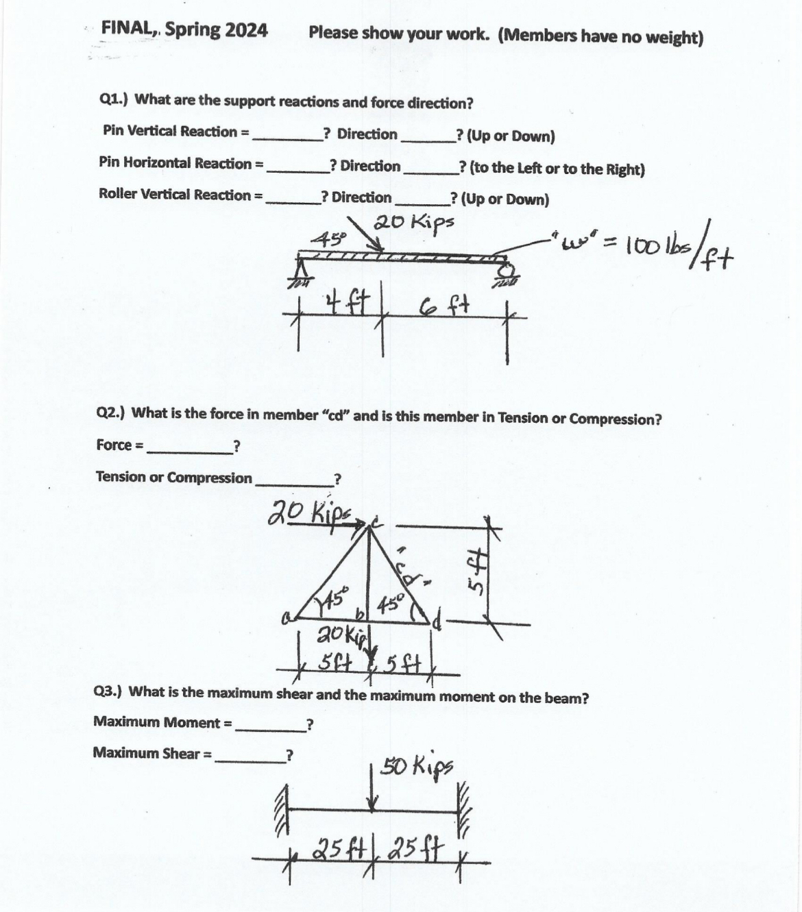 FINAL, Spring 2 0 2 4 Please show your work. (