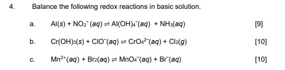 Balance the following redox reactions in basic