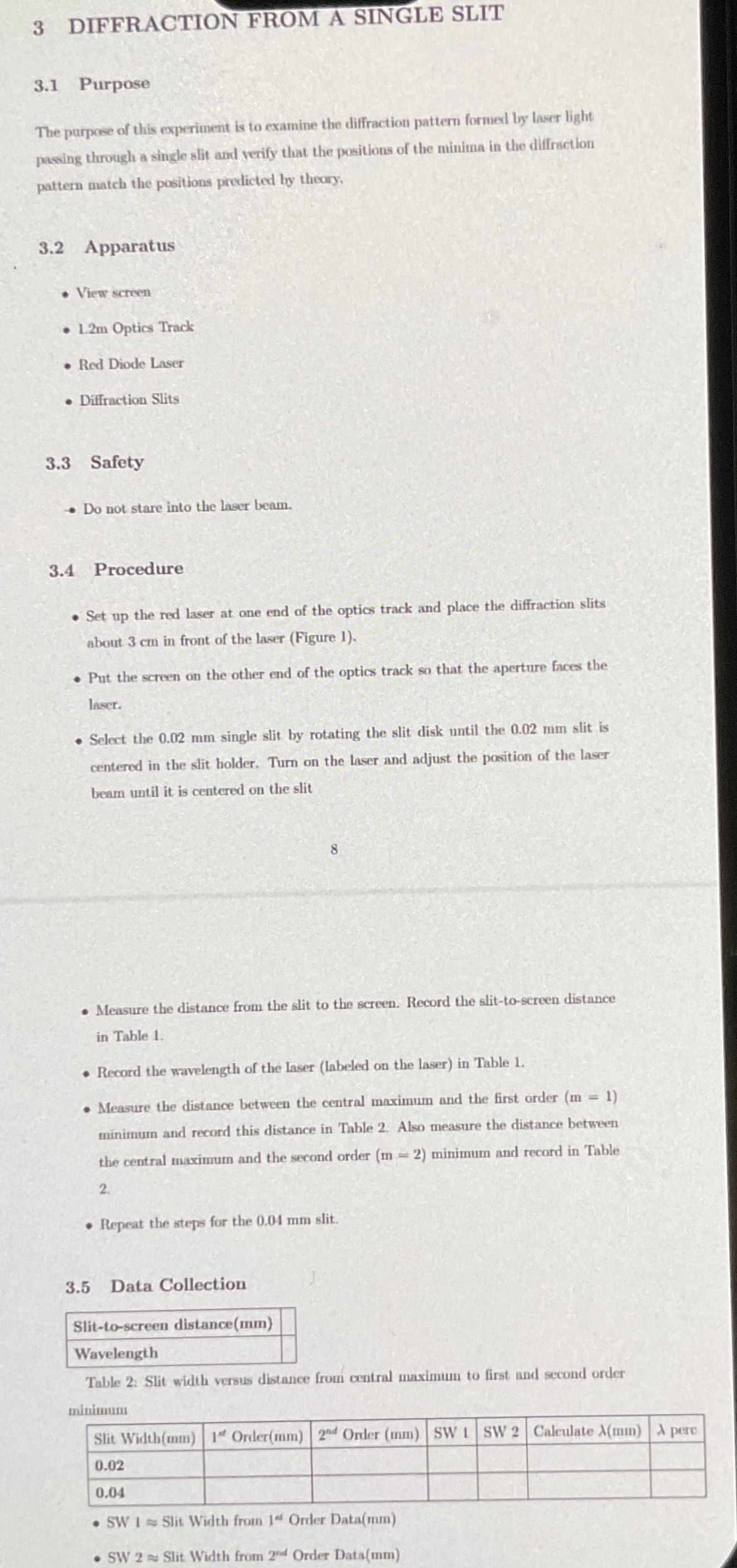 3 DIFFRACTION FROM A SINGLE SLIT 3 . 1 Purpose