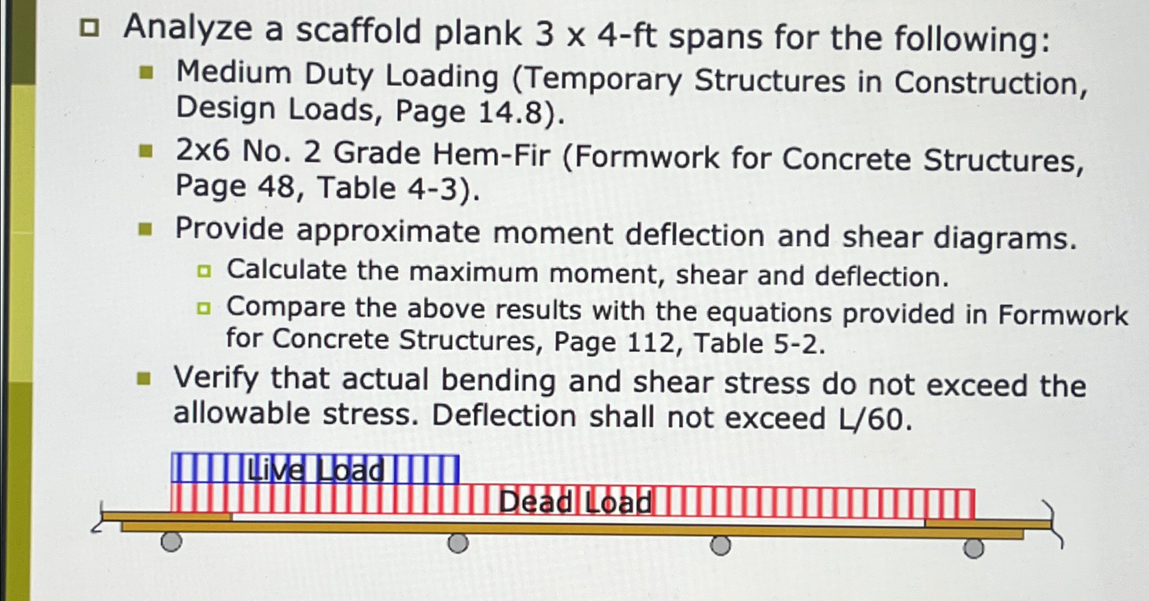 Analyze a scaffold plank 3 4 - ft spans for the