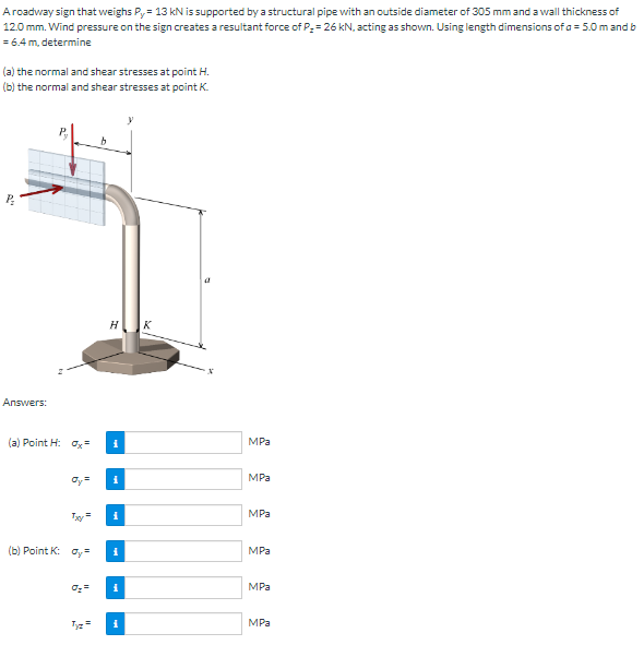 A roadway sign that weighs P y = 1 3 k N is