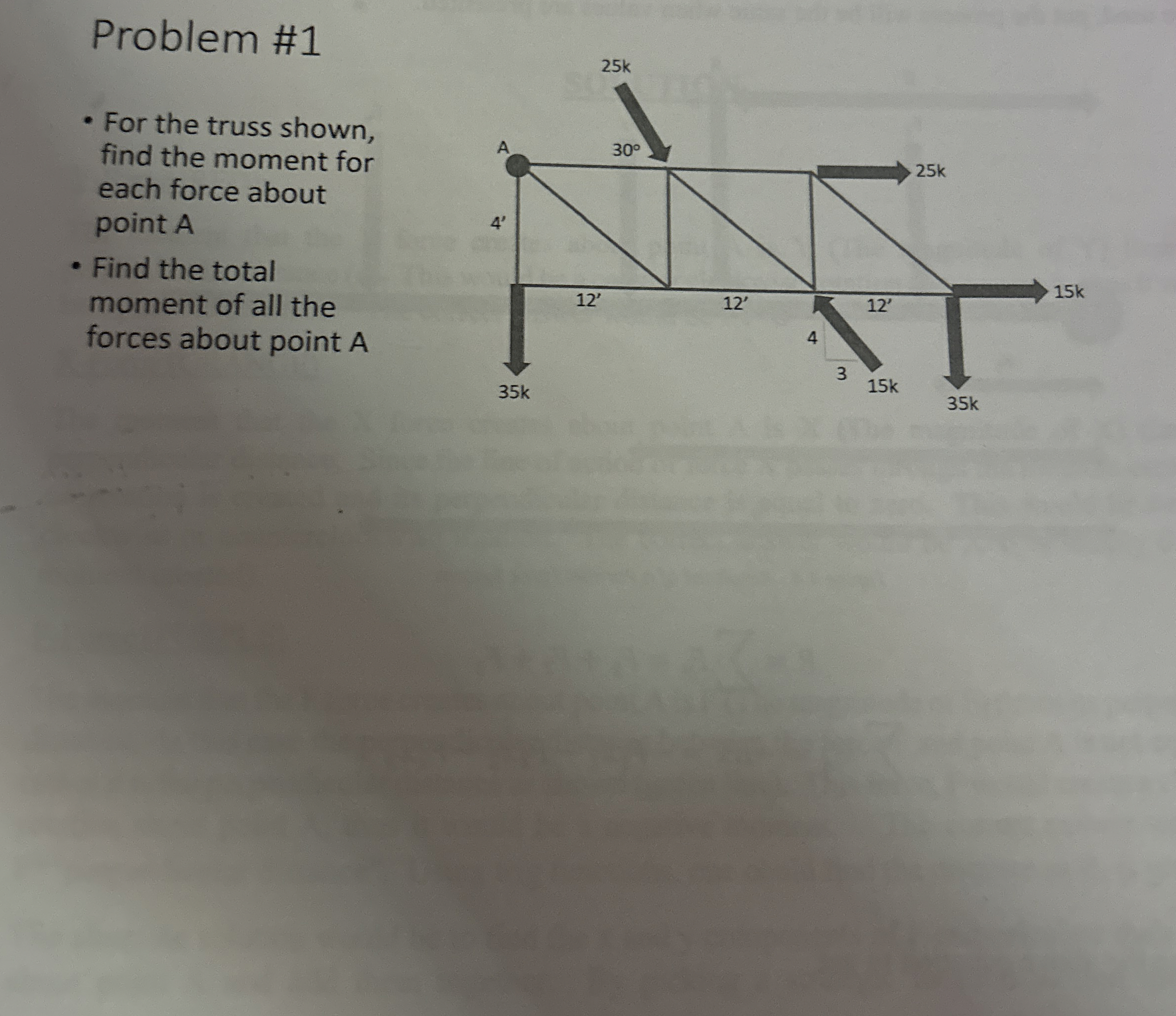 Problem # 1 For the truss shown, find the moment