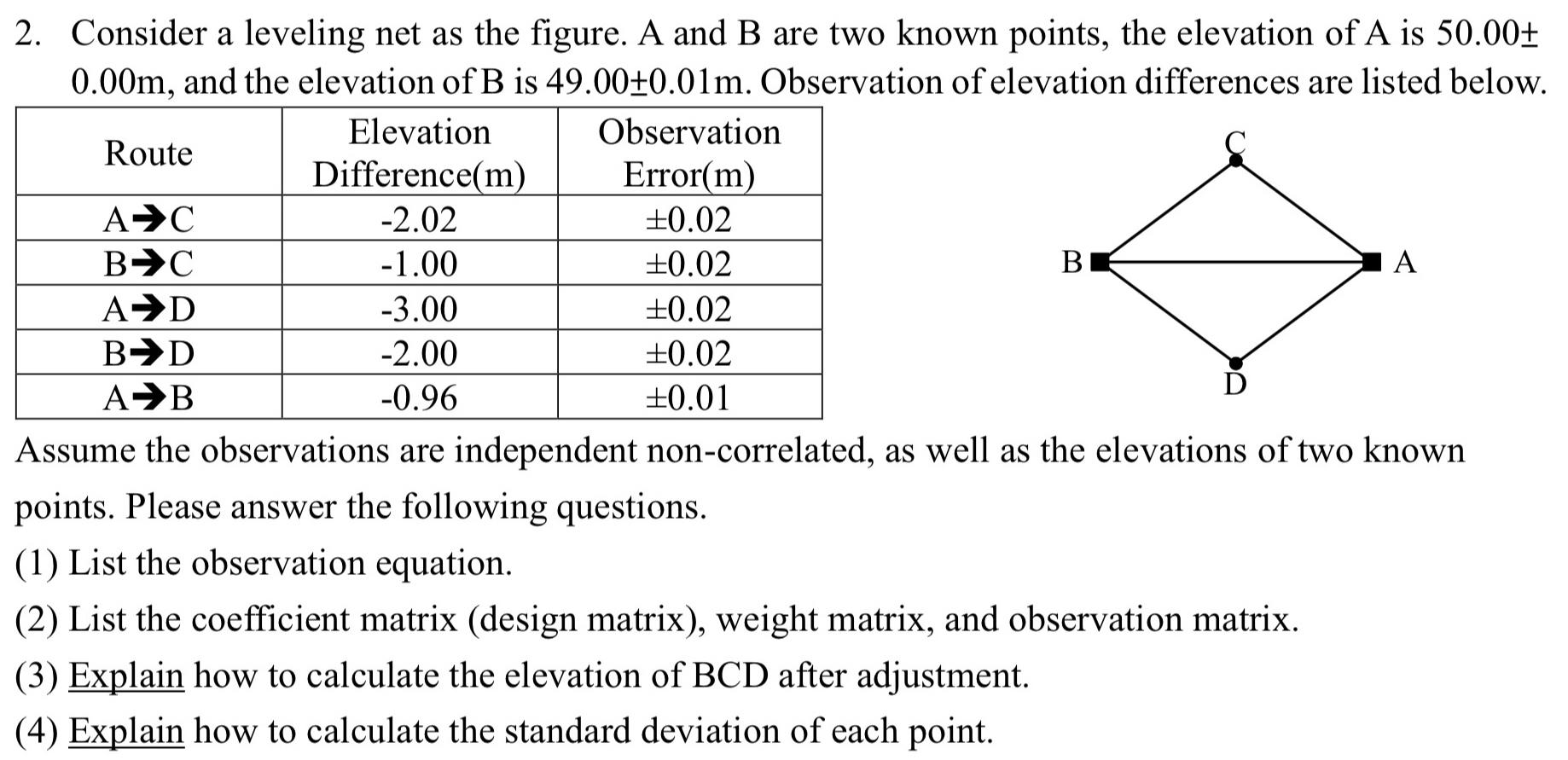 Please solve ( 3 ) & ( 4 ) Consider a leveling