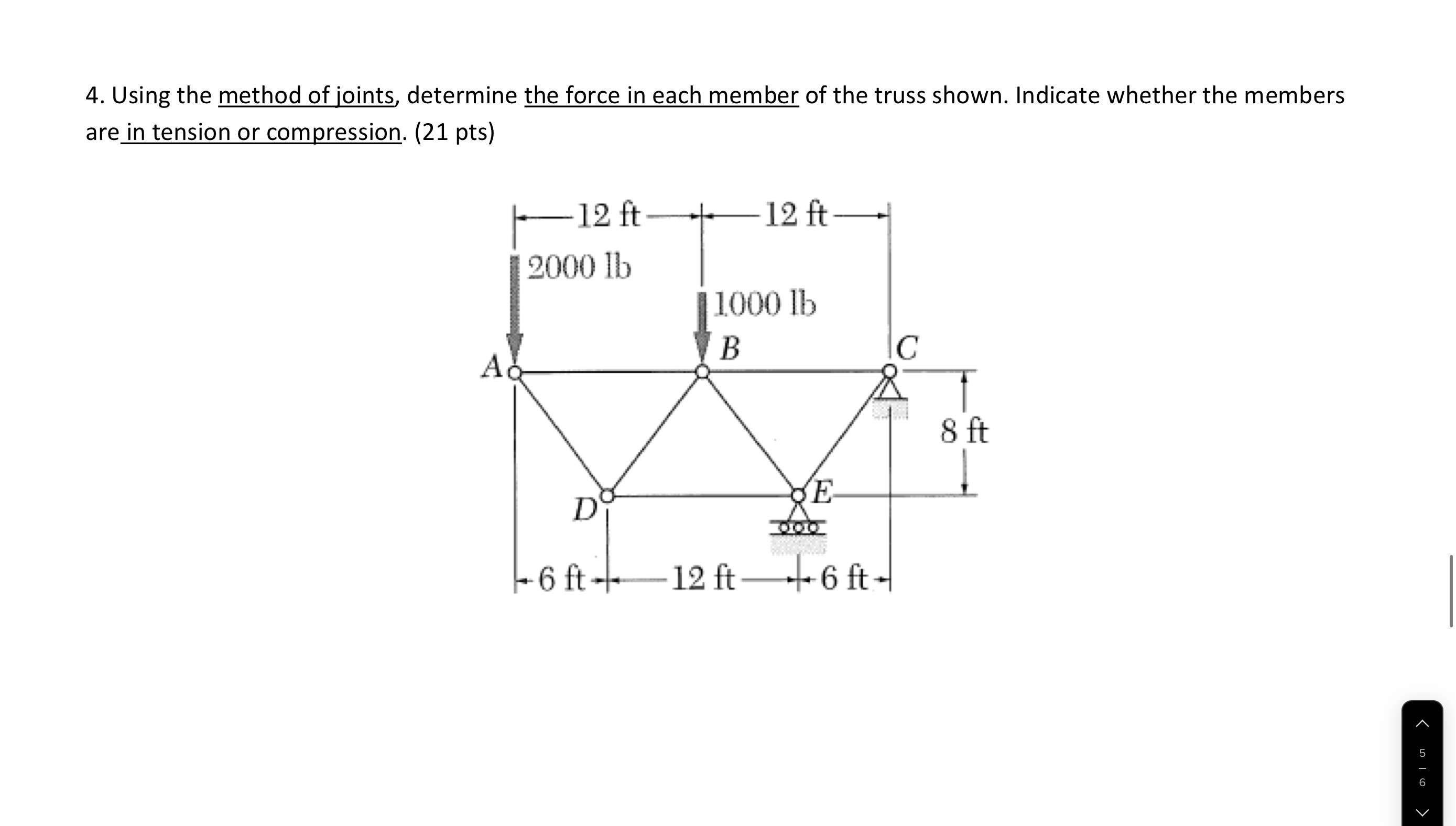 Using the method of joints, determine the force