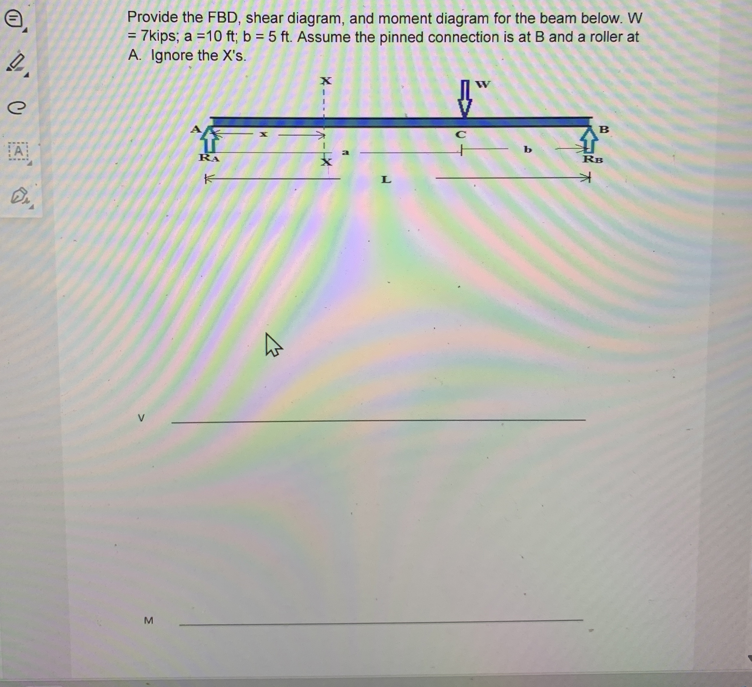 Provide the FBD , shear diagram, and moment