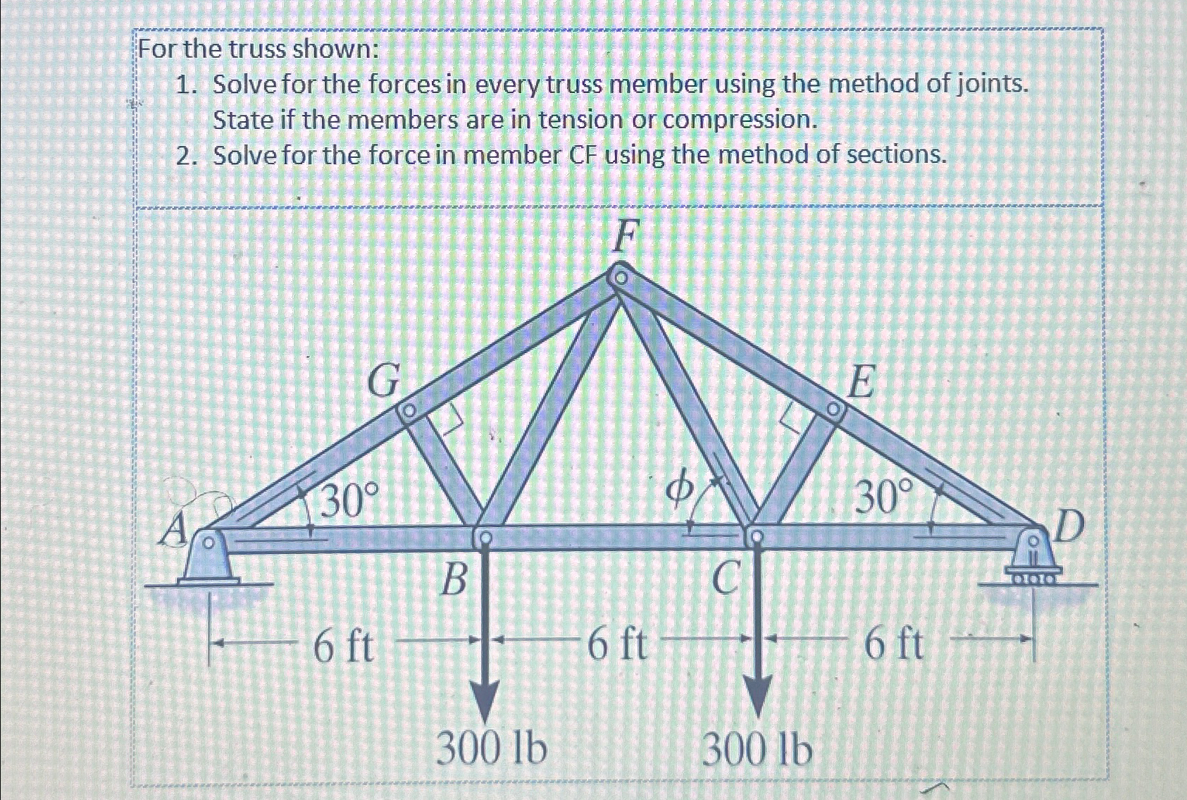 For the truss shown: Solve for the forces in