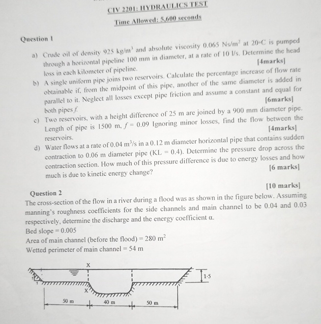 CIV 2 2 0 1 : HYDRAULICS TEST Time Allowed: 5 , 6