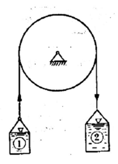 Two containers joined by a cable, as shown, are