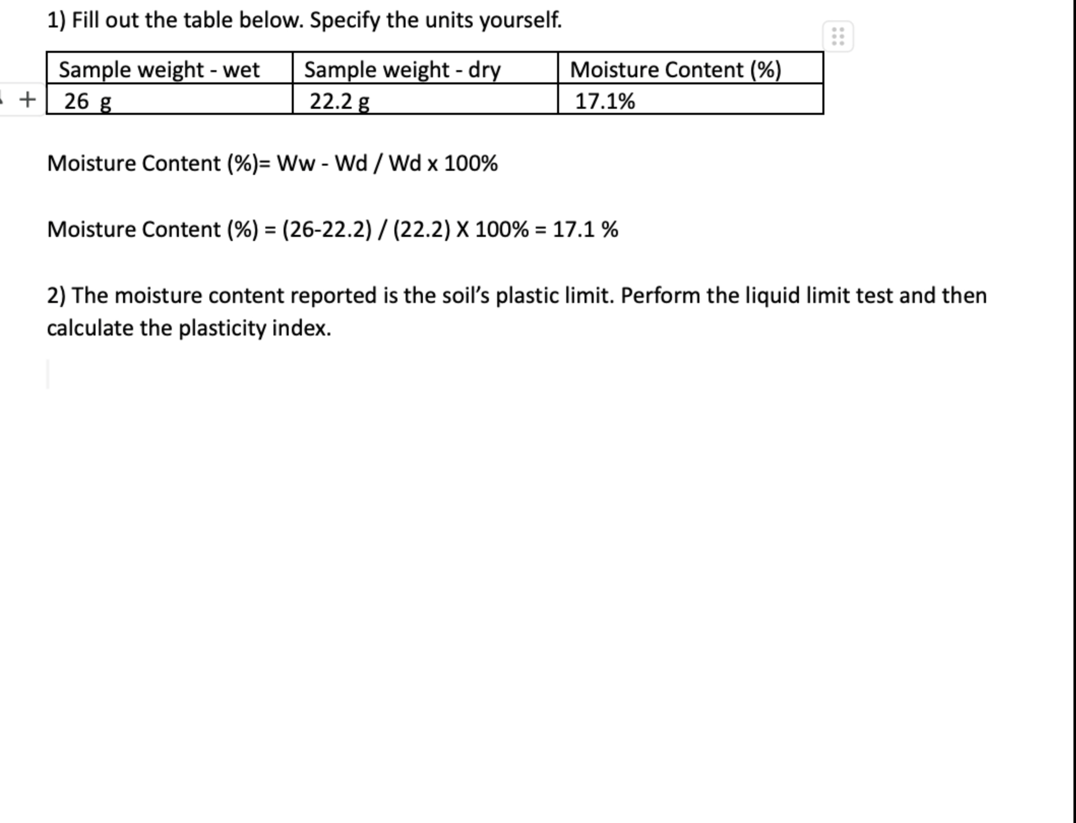 Fill out the table below. Specify the units