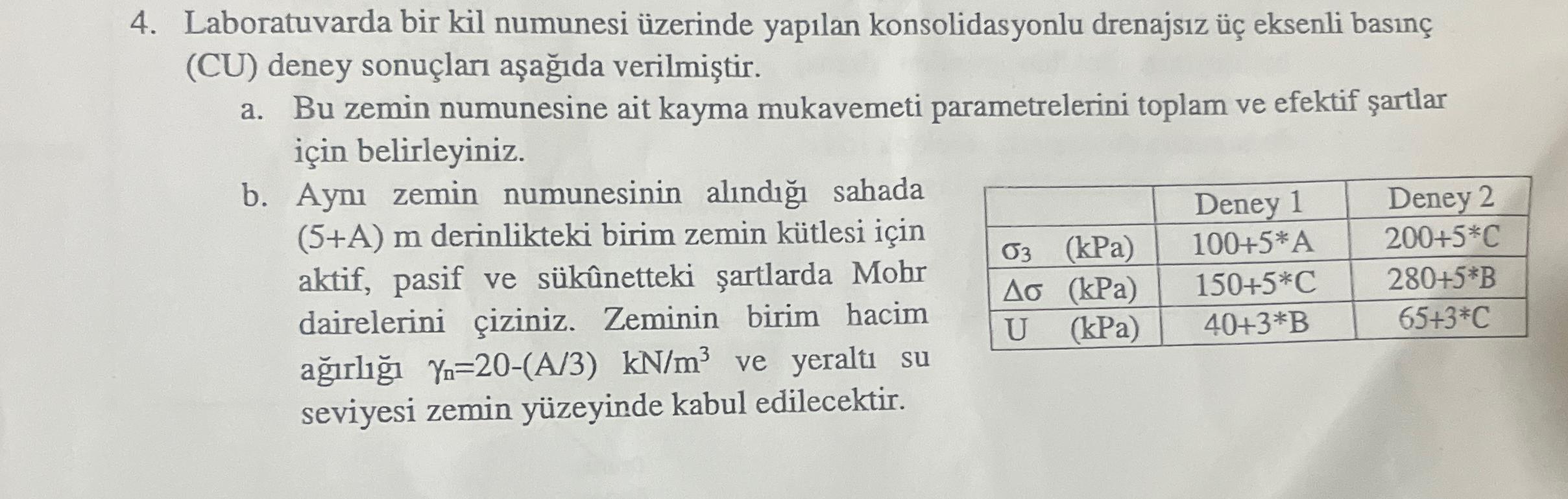 A = B = C = 5 Laboratuvarda bir kil numunesi