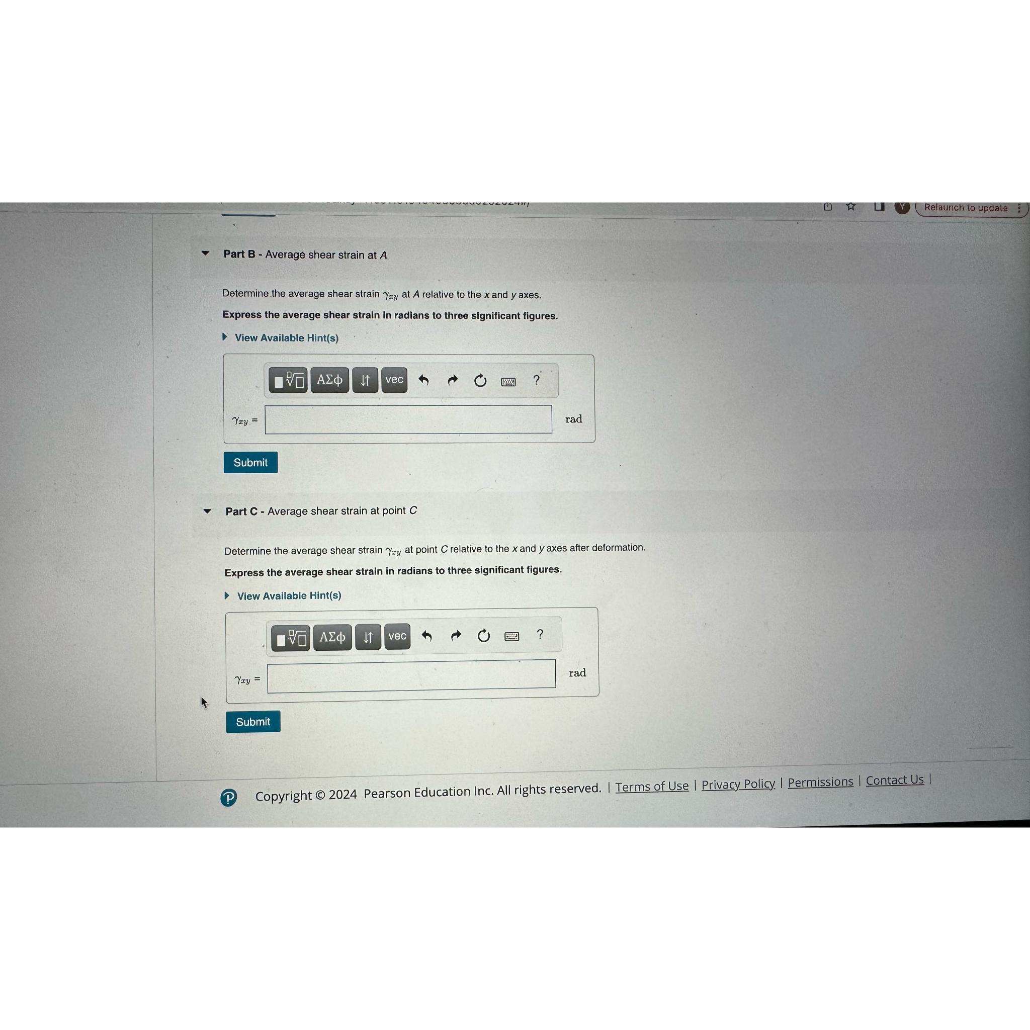 Part B - Average shear strain at A Determine the