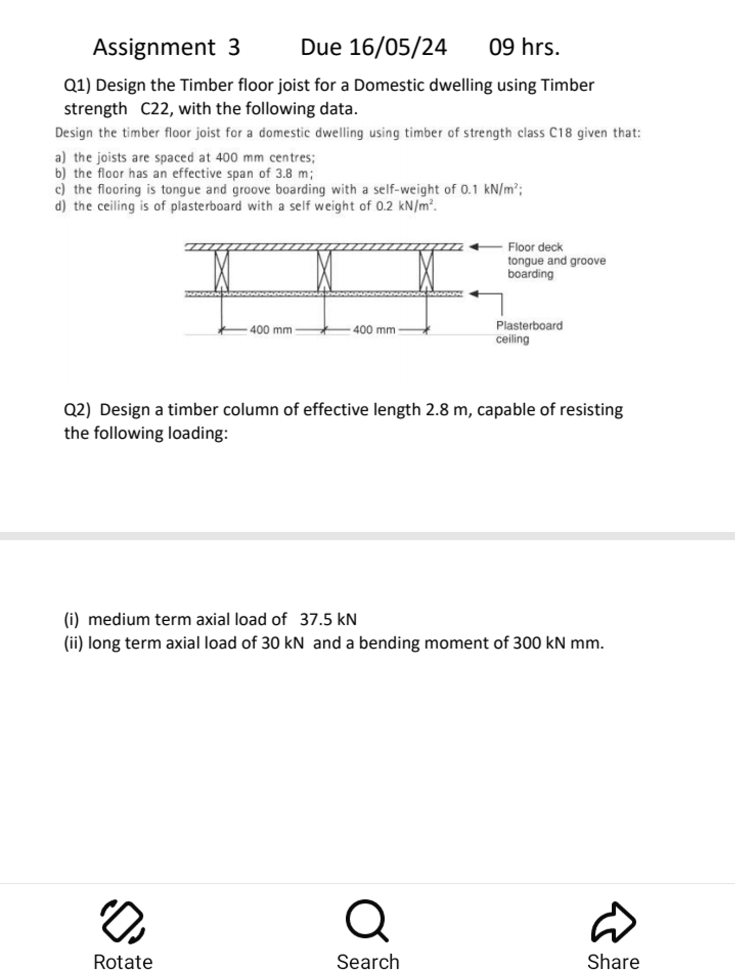 Q 1 ) Design the Timber floor joist for a
