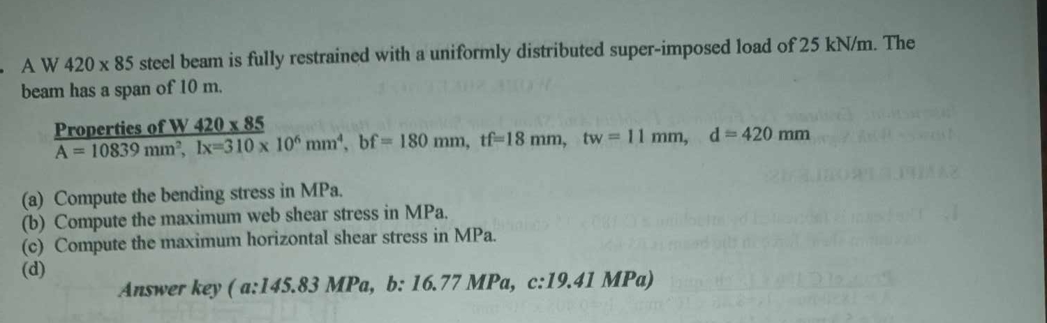A W 4 2 0 8 5 steel beam is fully restrained with