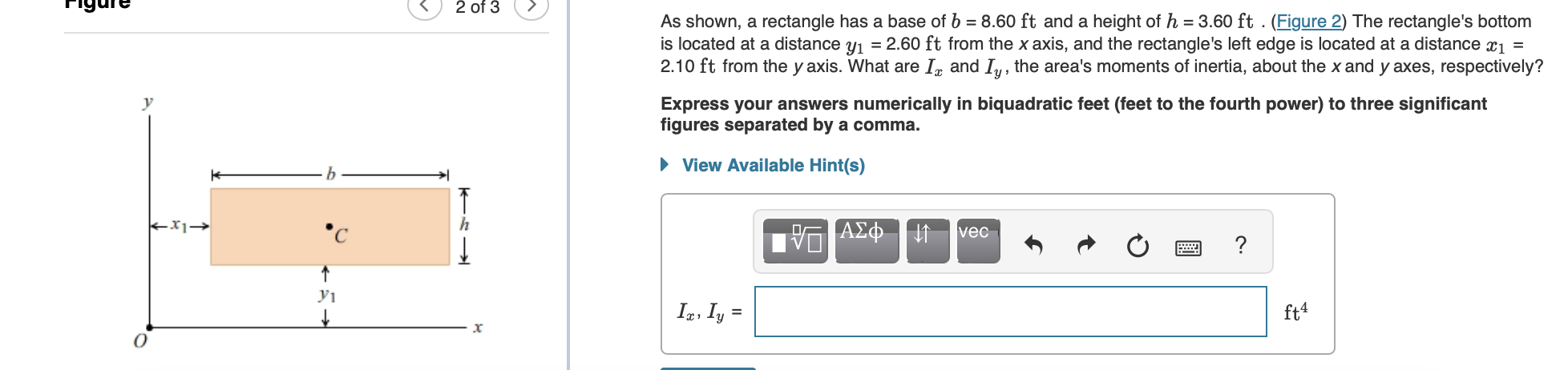 As shown, a rectangle has a base of b = 8 . 6 0 f