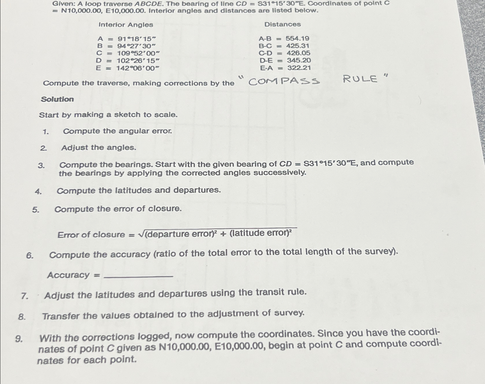 Given: A loop traverse ABCDE. The bearing of line