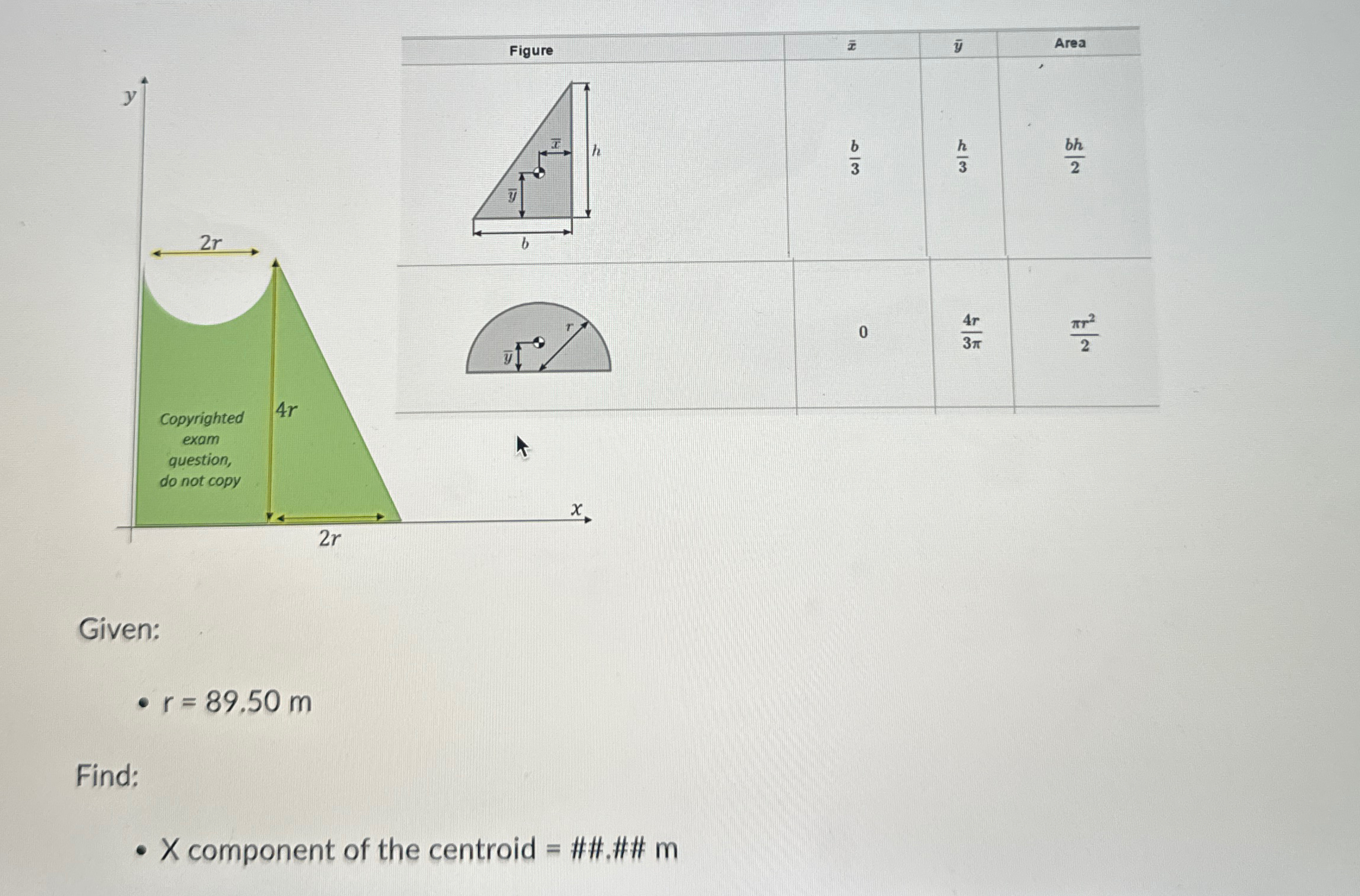 Given: r = 8 9 . 5 0 m Find: x component of the