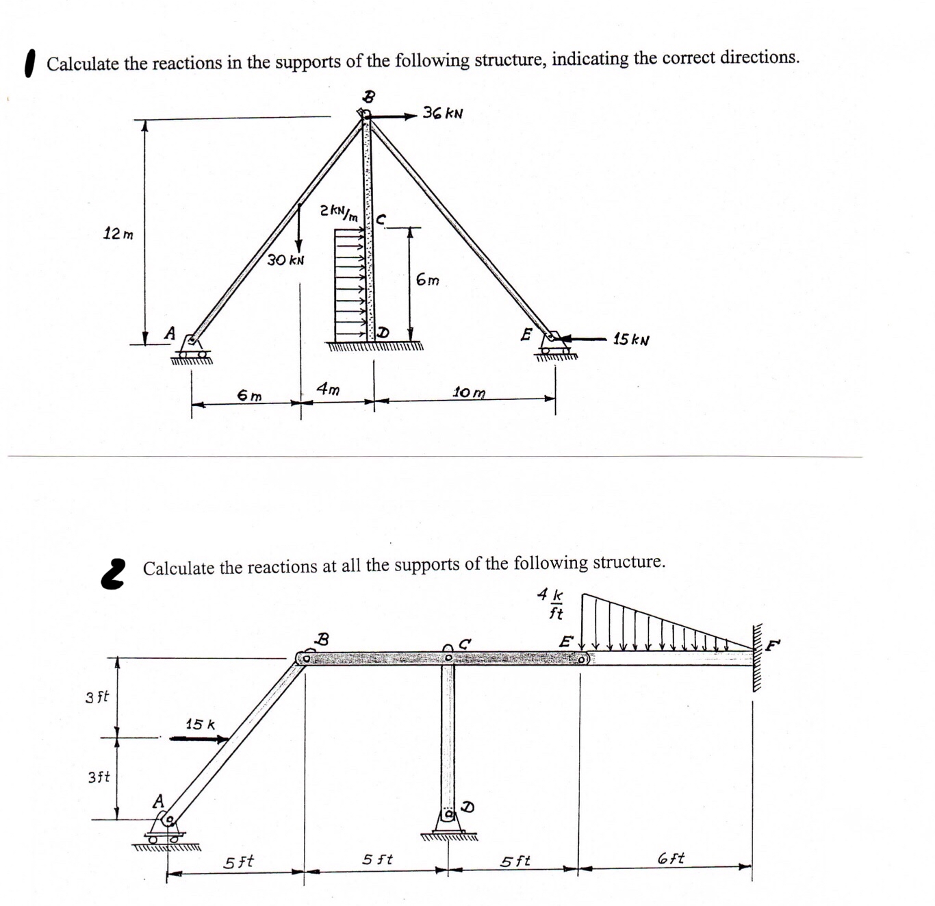Calculate the reactions in the supports of the