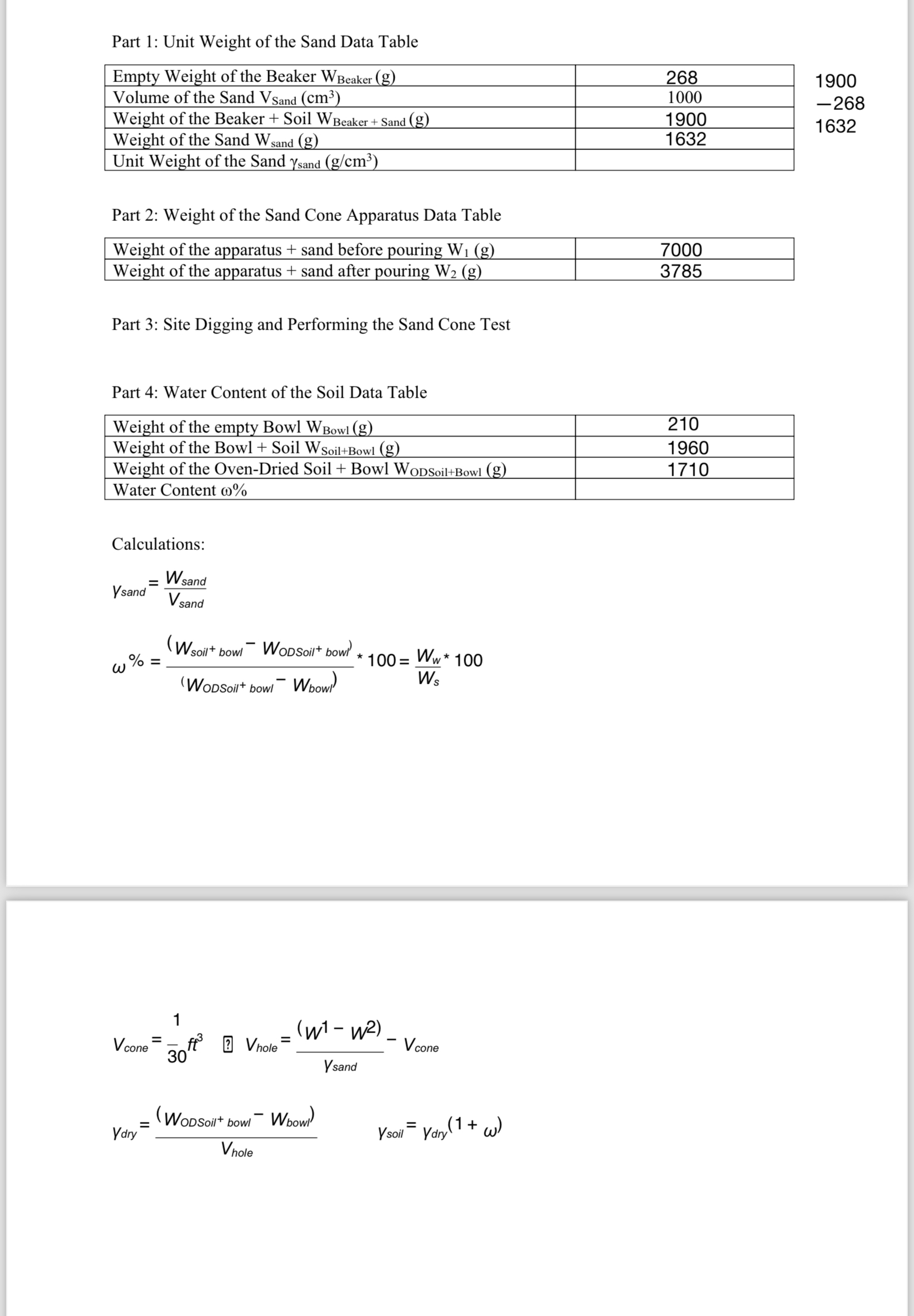 Part 1 : Unit Weight of the Sand Data Table \