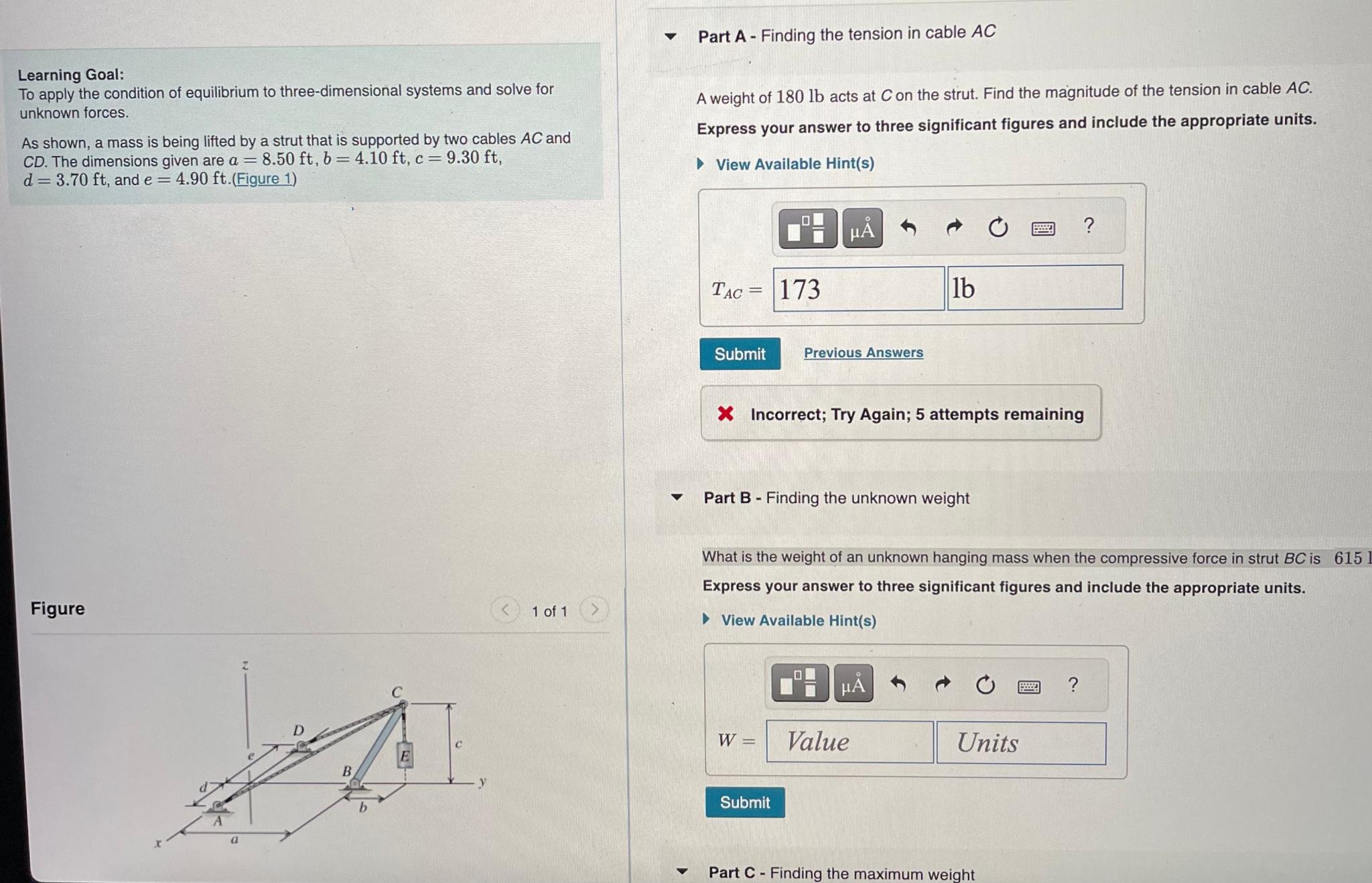 Part A - Finding the tension in cable A C