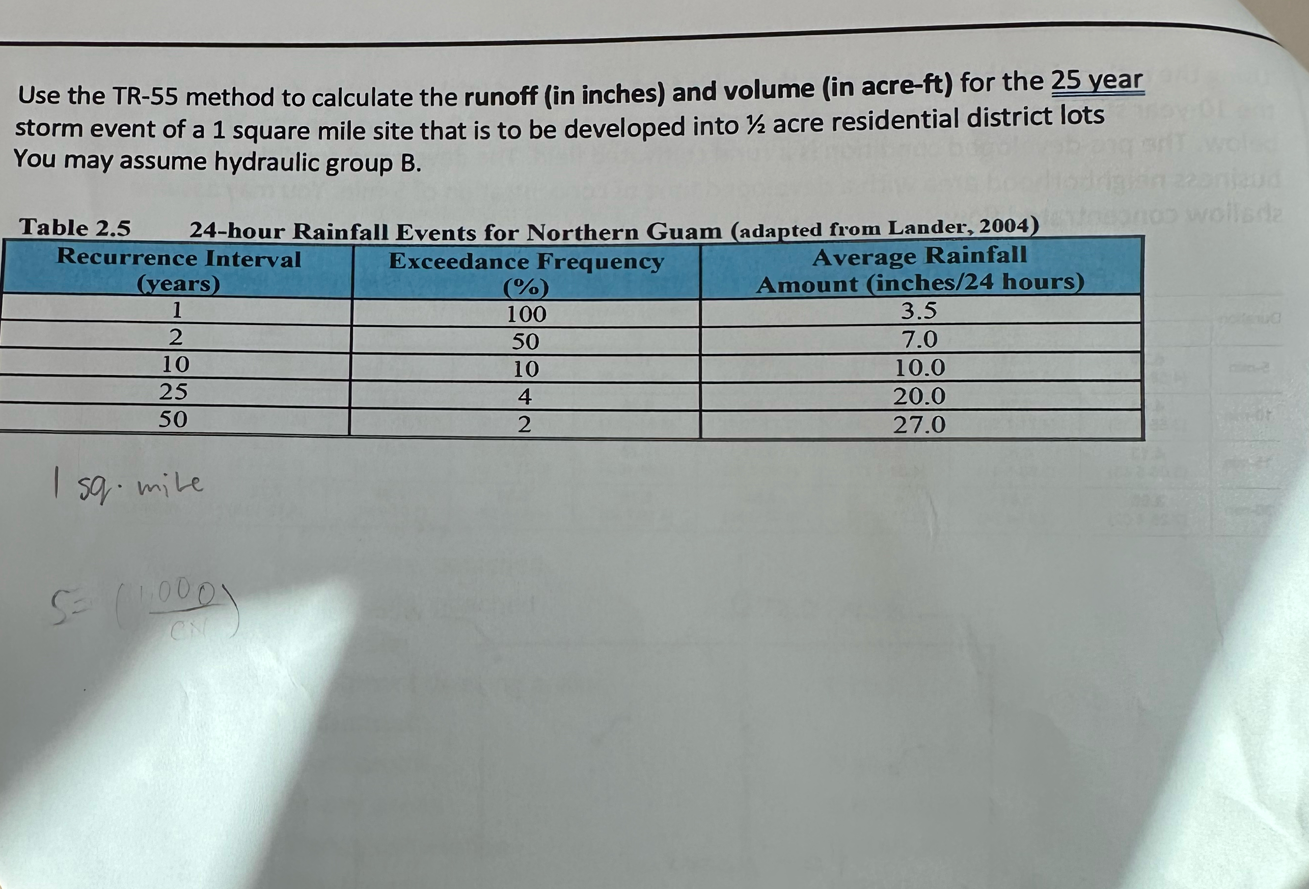 Use the TR - 5 5 method to calculate the runoff (