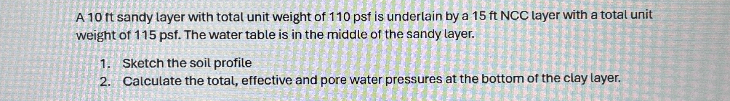 A 1 0 ft sandy layer with total unit weight of 1