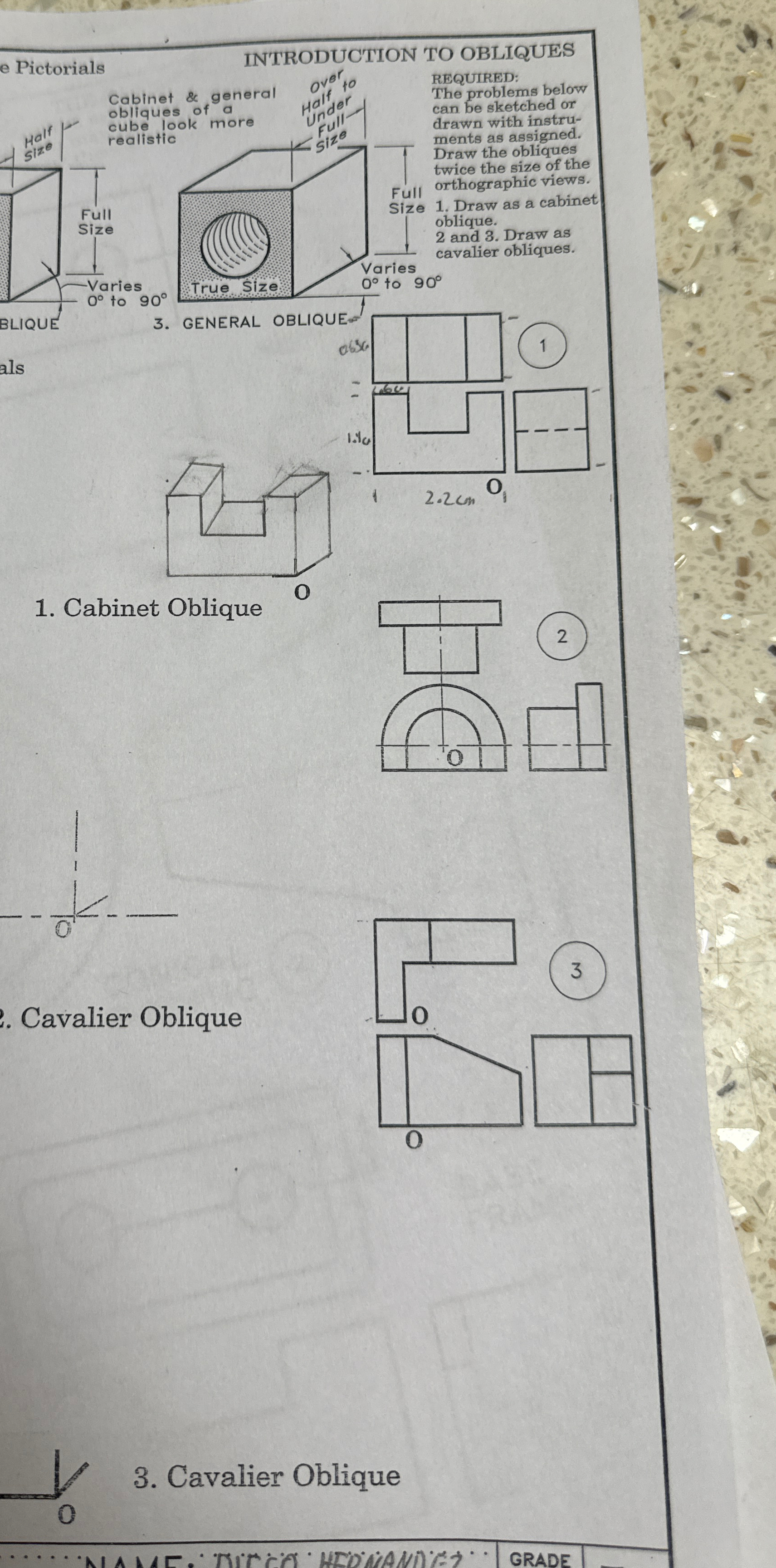 1 . Draw as cabinet oblique 2 and 3 . Draw as
