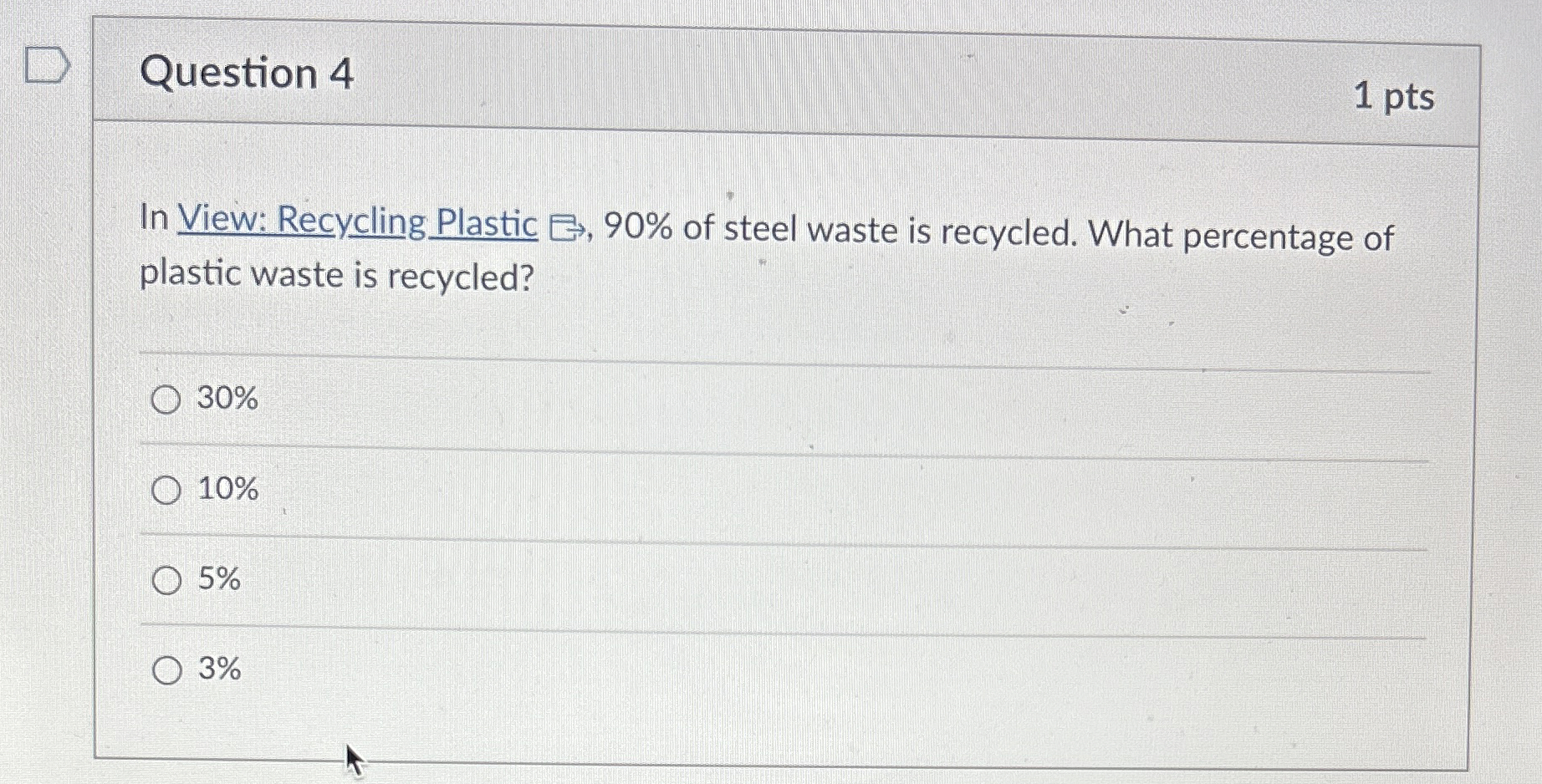 Question 4 1 pts In View: Recycling Plastic , 9 0
