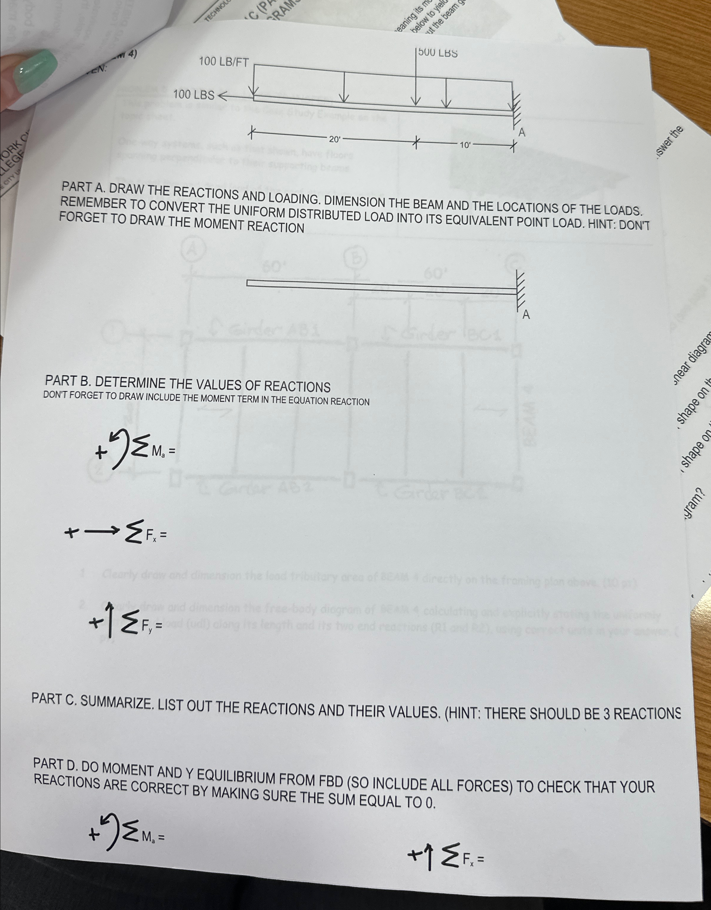 PART A . DRAW THE REACTIONS AND LOADING.