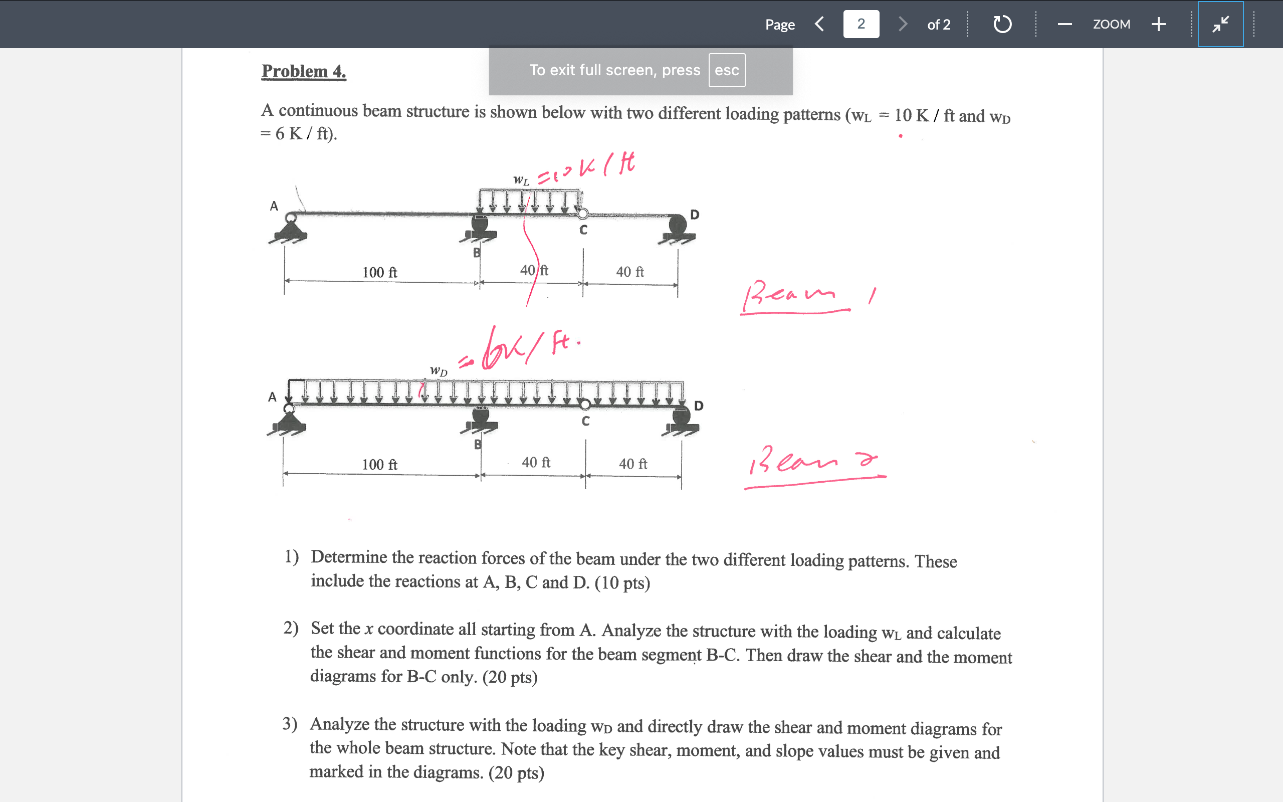 A continuous beam structure is shown below with