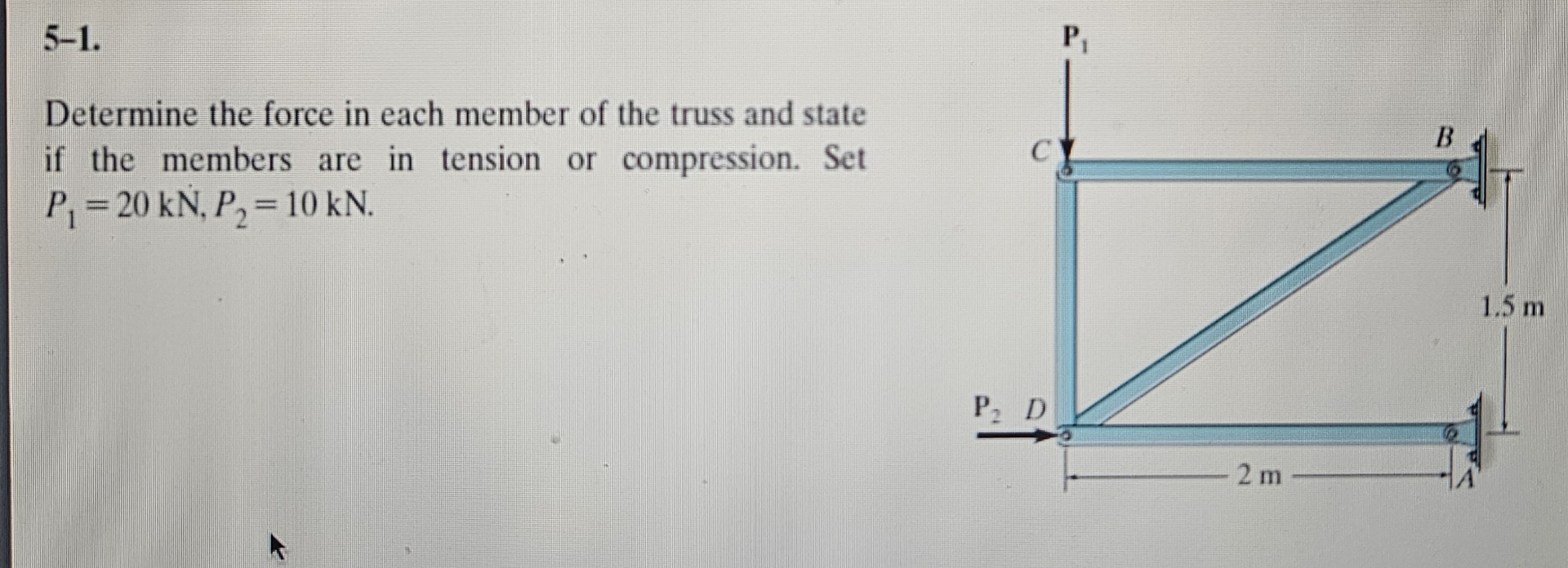 5 - 1 . Determine the force in each member of the