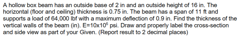 A hollow box beam has an outside base of 2 in and