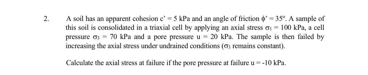 A soil has an apparent cohesion c ' = 5 kPa and