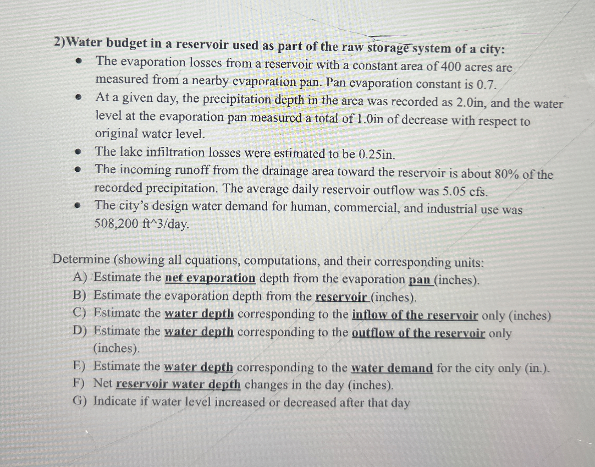 Water budget in a reservoir used as part of the
