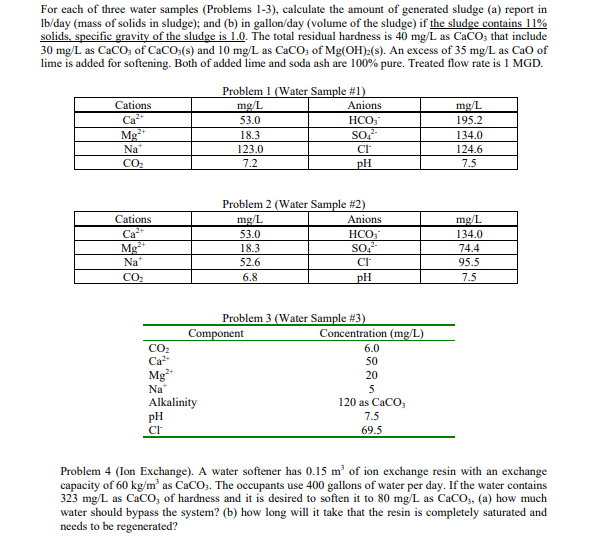 For each of three water samples ( Problems 1 - 3