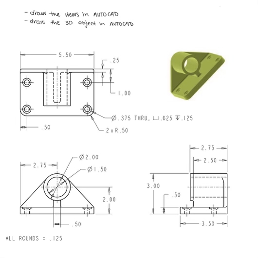 daw the vews in AUTOCAD draw the 3 D object in