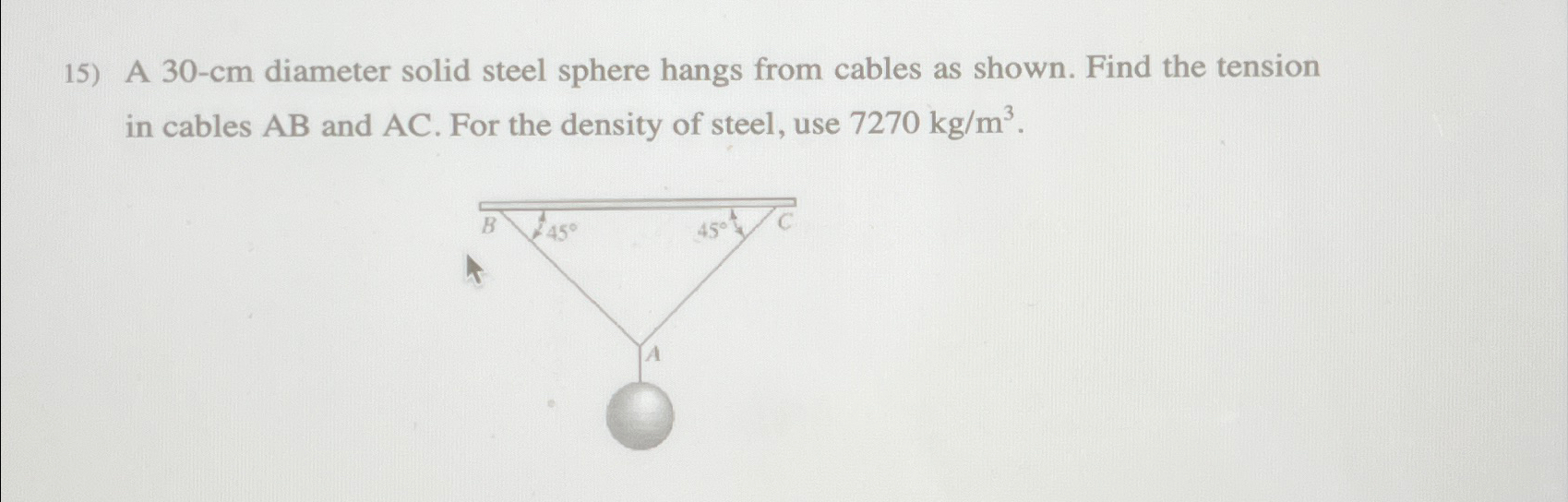 A 3 0 - c m diameter solid steel sphere hangs