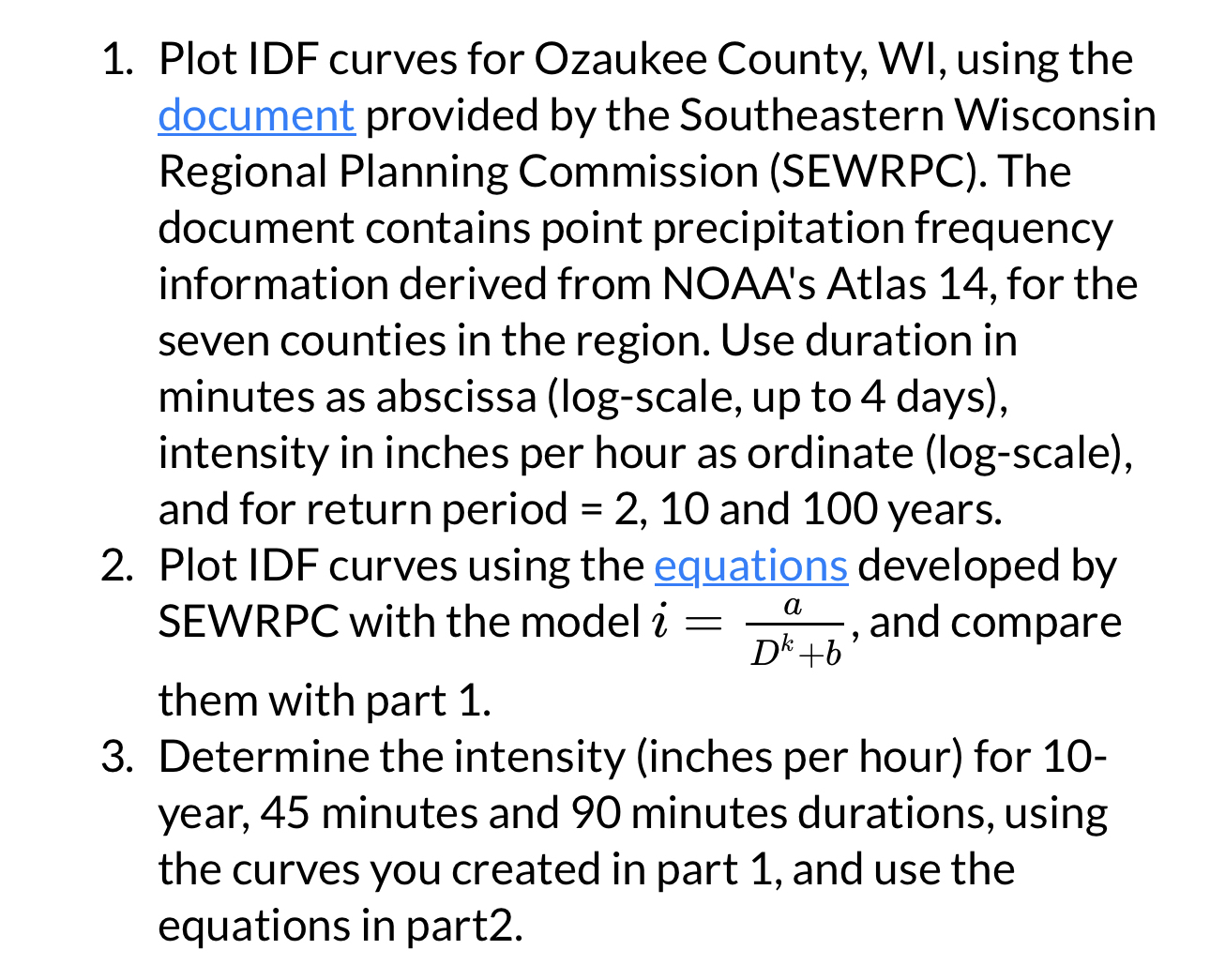 Plot IDF curves for Ozaukee County, WI , using